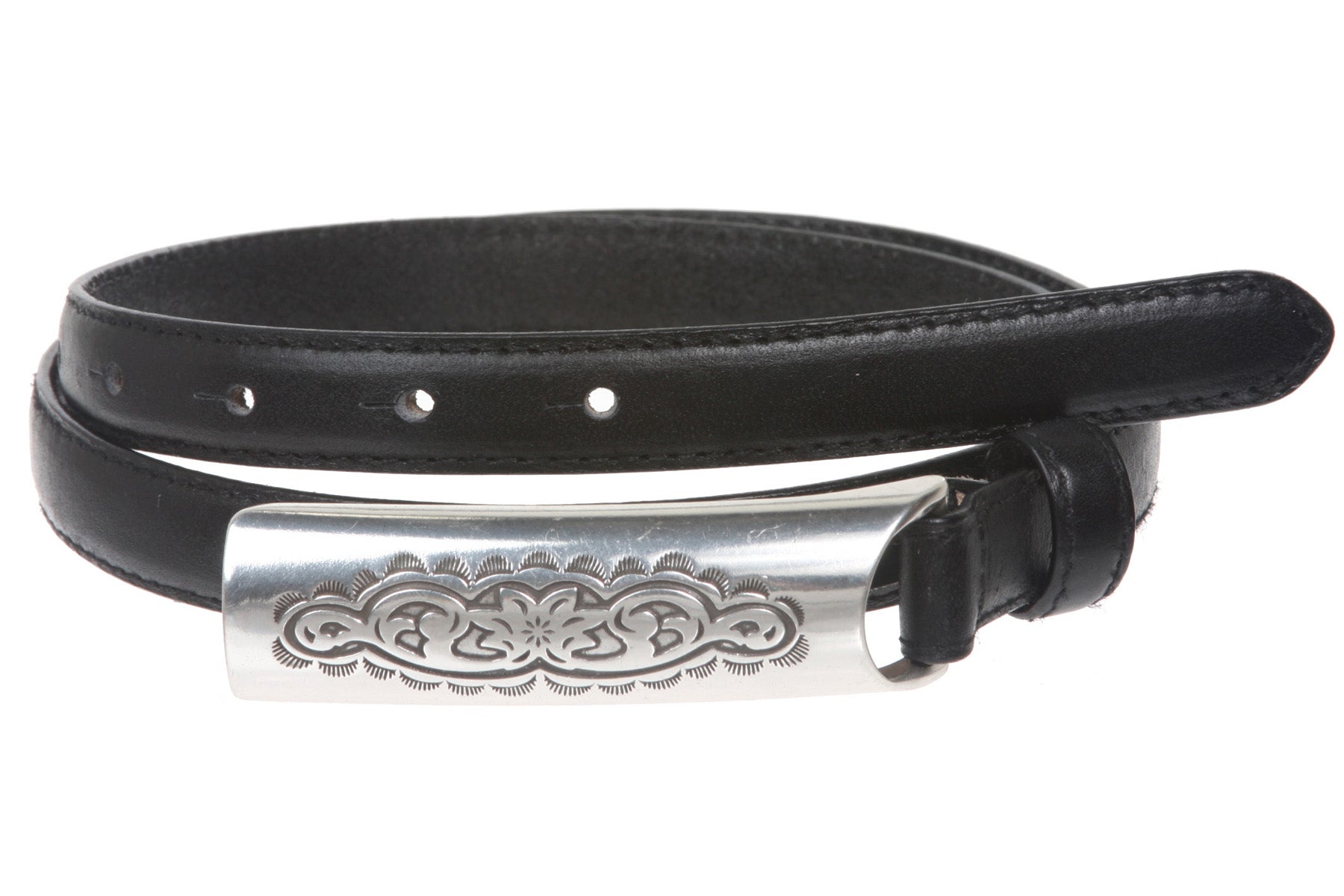 3/4 Inch (19mm) Embossed Rectangular Feather Edged Skinny Stitch Leather Belt