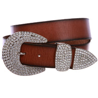 Women's Solid Real Leather Belt with Western Rhinestone Buckle 3-piece set