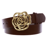 1 1/2" Women's Snap On Western Engraving Hollow Out Perforated Rose Flower Buckle Belt