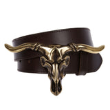 1 1/2" Snap On Horn Bull Western Texas Cowboy Large Buckle With Cow High Full Top Grain Leather Plain Belt
