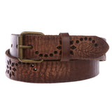 1 1/4" Snap On Embossed Floral Leaf Perforated Vintage Soft Cowhide Full Grain Thick Leather Casual Jean Belt