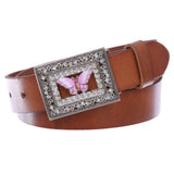 1 1/4" Snap On Rectangular Rhinestone Western Engraving Hollow Out Perforated Butterfly Cow High Full Top Grain Leather Belt