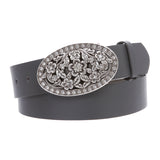 1 1/2" Women's Snap On Belt With Oval Perforated Engraved Crystal Rhinestone Western Floral Buckle
