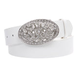 1 1/2" Women's Snap On Belt With Oval Perforated Engraved Crystal Rhinestone Western Floral Buckle