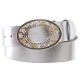 1 1/2" Women's Snap On Oval Rhinestone Western Engraving Hollow Out Perforated Floral Flower Buckle  Leather Belt