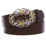 1 1/2" Women's Snap On Rhinestone Western Engraving Hollow Out Perforated Floral Flower Buckle Leather Belt