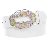 1 1/2" Women's Snap On Rhinestone Western Engraving Hollow Out Perforated Floral Flower Buckle Leather Belt