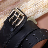 Women's Litchi Veined Double Stitch Double Hole Tapered Leather Belt