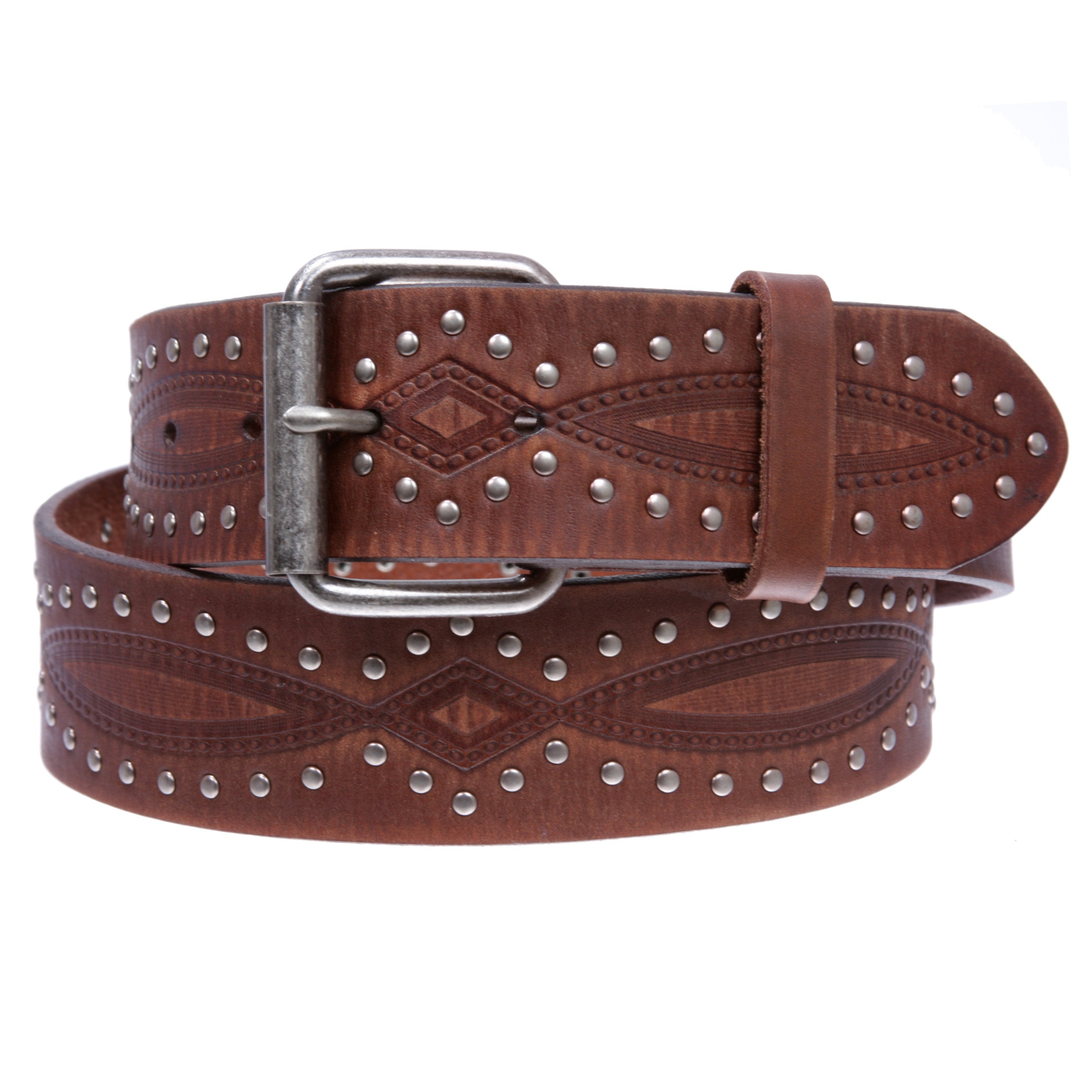 Embossed Vintage Cowhide Thick Leather Riveted Nailhead Studded Casual Jean Belt