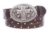 Studded Perforated Embossed Leather Belt With Rhinestone Bling Cross Buckle