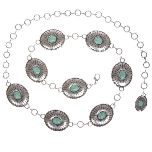 Women's Western Turquoise Stone Silver Oval Concho Chain Belt