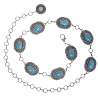 Women's Western Big Turquoise Oval Stone Vintage Silver Concho Chain Belt