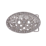 1 1/2" Antique Silver Brass Oval Perforated Engraved Crystal Rhinestone Western Floral Belt Buckle