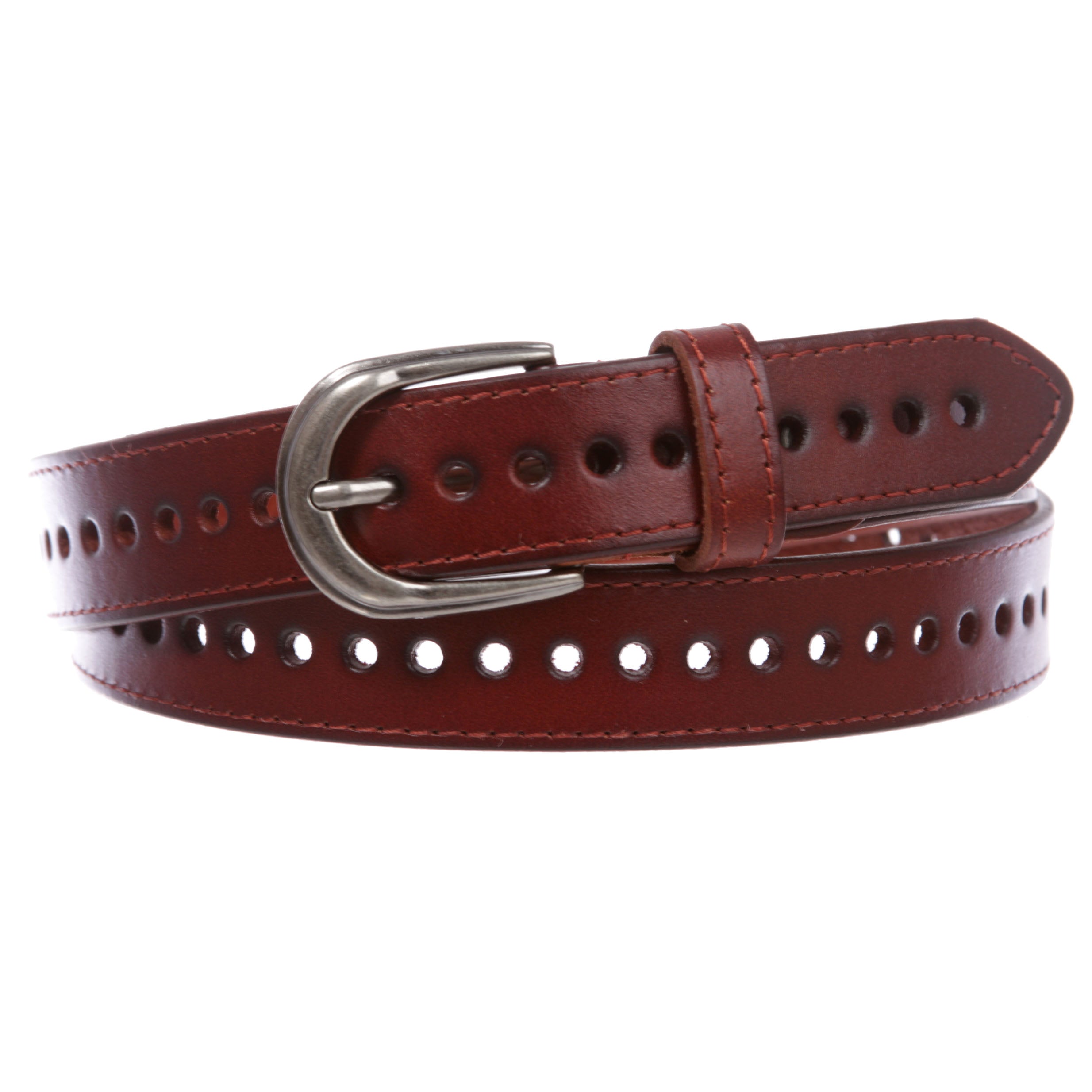 Women's 1 1/8" (28 mm) Perforated Full Grain Leather Edge Stitch Casual Belt