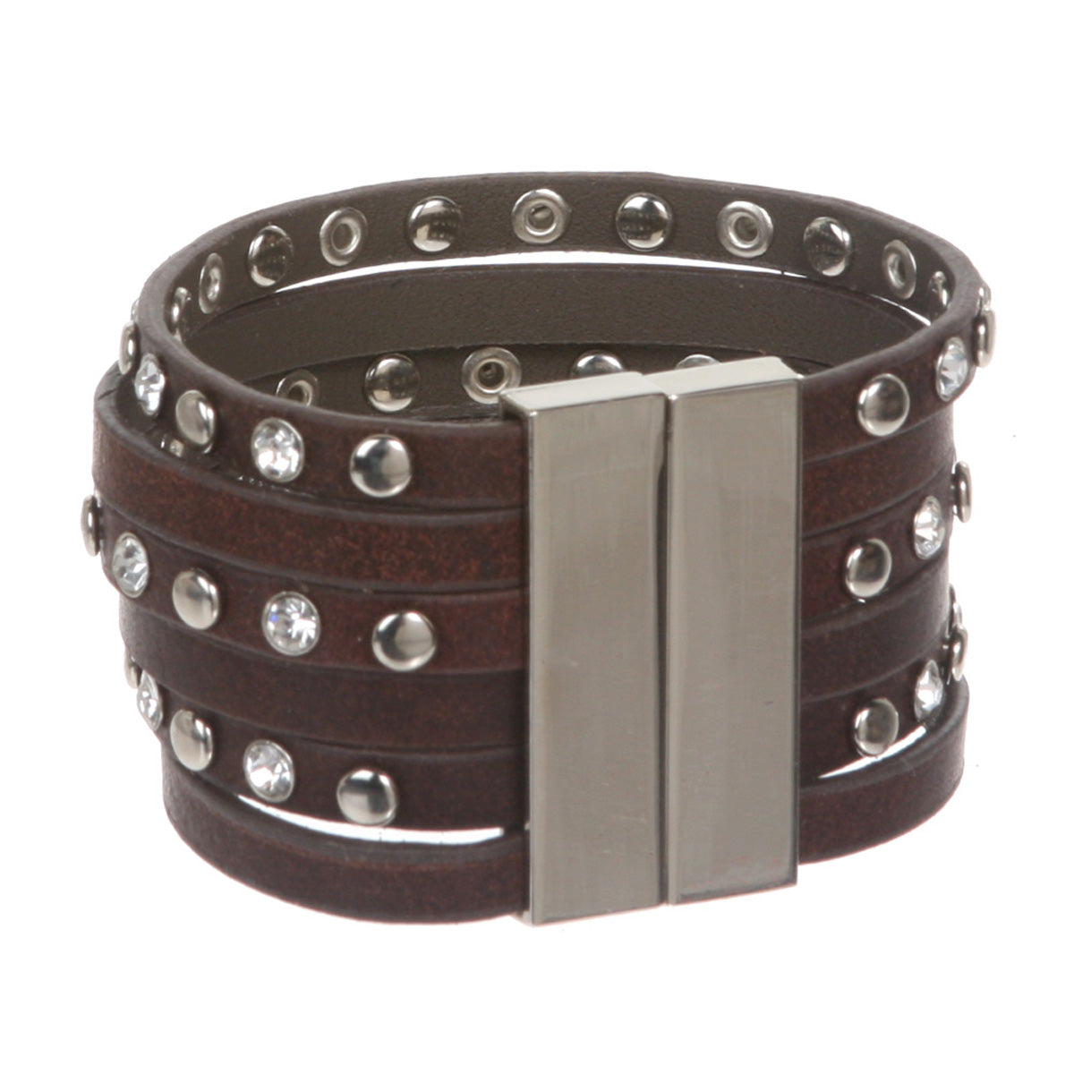 1 1/2" (4.0 cm) Rhinestone Studded Leather Strand Magnet Cuff Bracelet