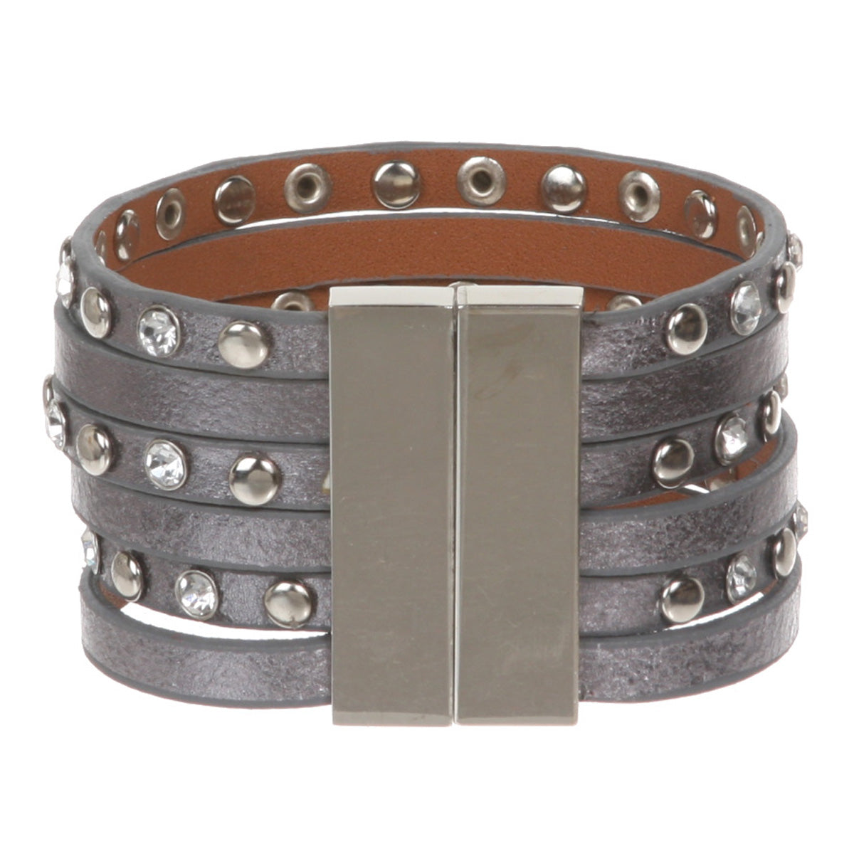 1 1/2" (4.0 cm) Rhinestone Studded Leather Strand Magnet Cuff Bracelet