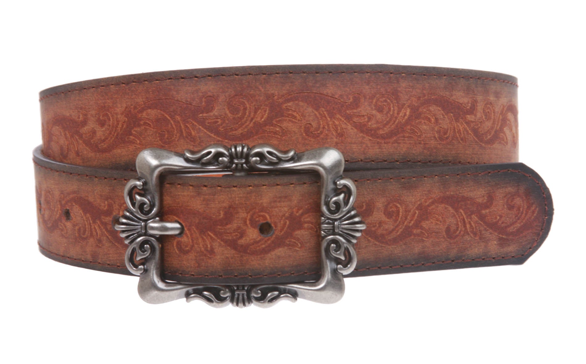 1 1/4" Floral Embossed Engraving Rectangular Buckle Leather Belt