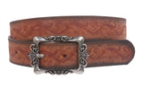 1 1/2" Floral Embossed Engraving Rectangular Buckle Leather Belt