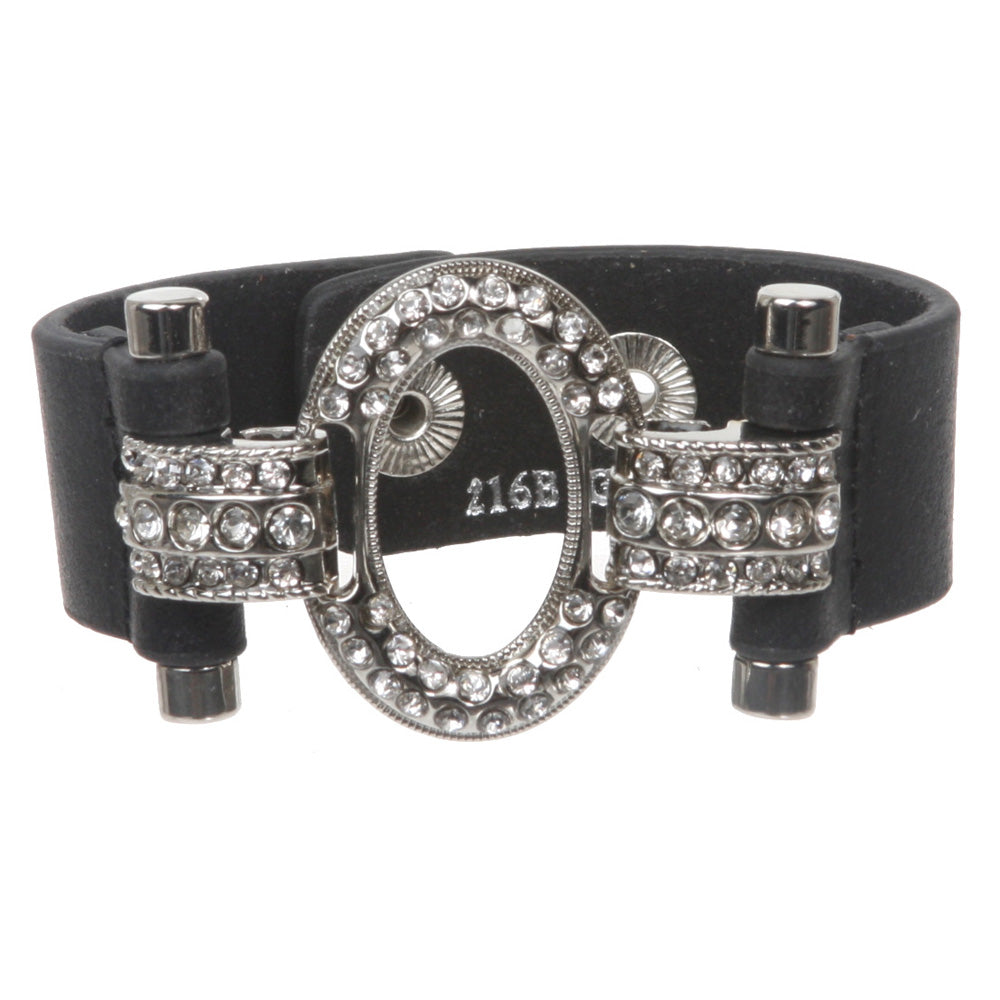 Linked Oval Rhinestone Leather Cuff Bracelet - OnlineBelts