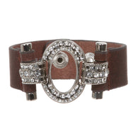 Linked Oval Rhinestone Leather Cuff Bracelet