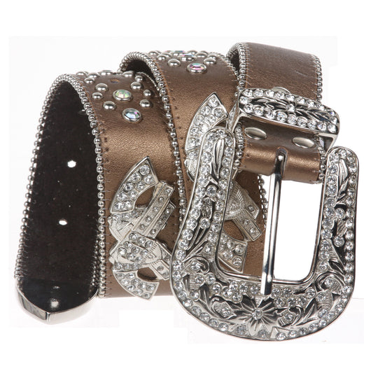 Western Rhinestone Double Gun Ornaments Studded Genuine Leather Belt