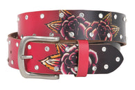1 1/2 Inch Snap On Rhinestone Rose Printed Genuine Leather Belt