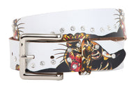 1 1/2 Inch Snap On Rhinestone Tiger Printed Genuine Leather Belt