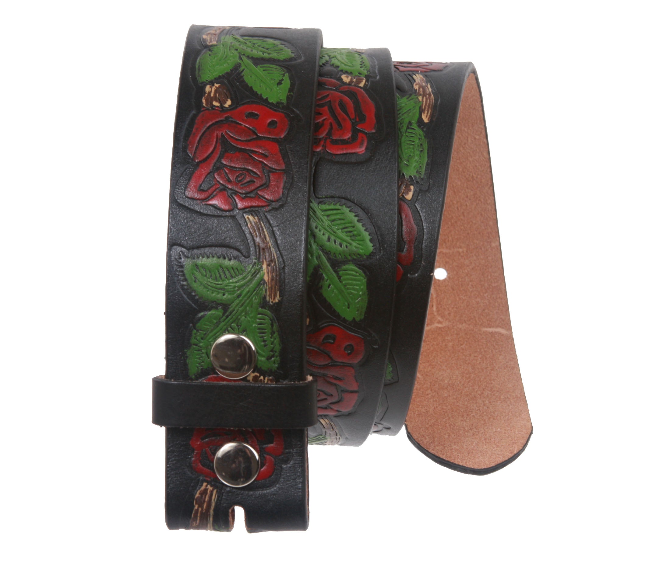 1 1/2" (38 mm) Snap on Embossed Roses Leather Belt Strap