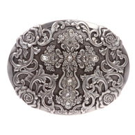 Western Antiqued Silver Cross & Rose Filigree with Rhinestones Oval Buckle