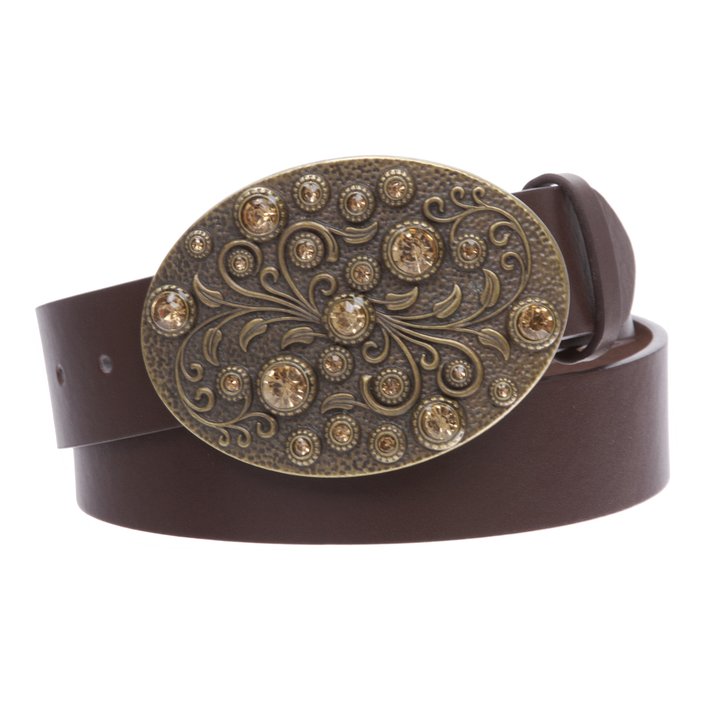 Snap on Bonded Leather Belt with Rhinestone Oval Flower Buckle
