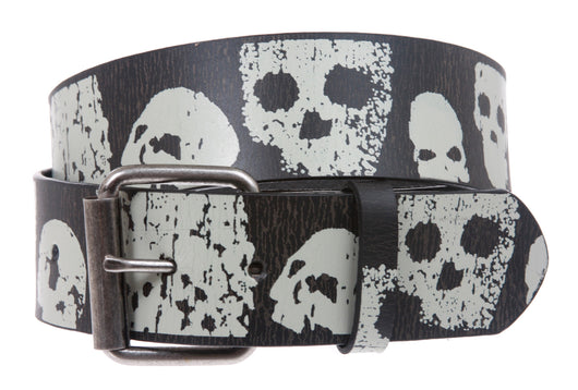 Snap On Skull and Cross Bone Art Work Leather Belt - Interchangeable buckle