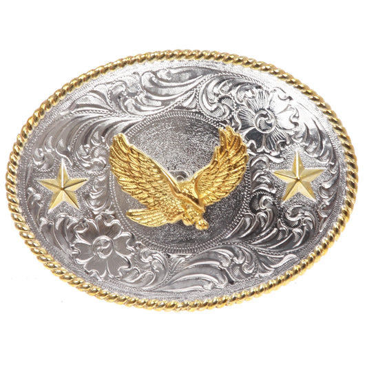 Western Cowboy Silver Buckle with Gold Soaring Eagle
