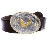 Western Cowboy Silver Buckle with Gold Soaring Eagle Leather Belt