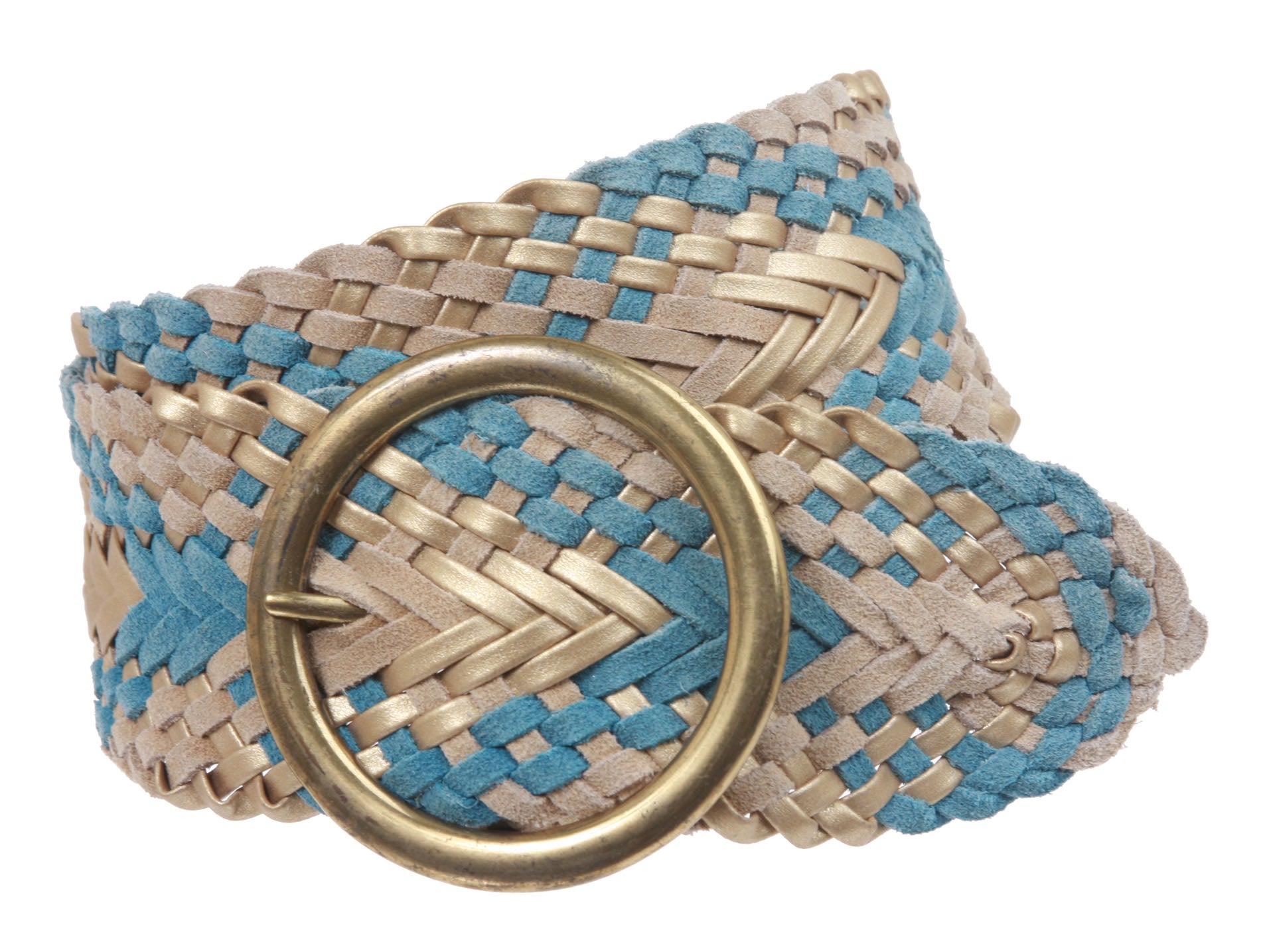 2 3/4" Wide Braided Woven Soft Suede Leather Belt with Metal Circle Ring Buckle