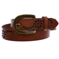 Snap On Soft Vintage Cowhide Full Grain Leather Floral Perforated Casual Belt