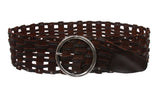 Women's 3" Wide Perforated Waist Braided Woven Solid Vintage Leather Round Belt