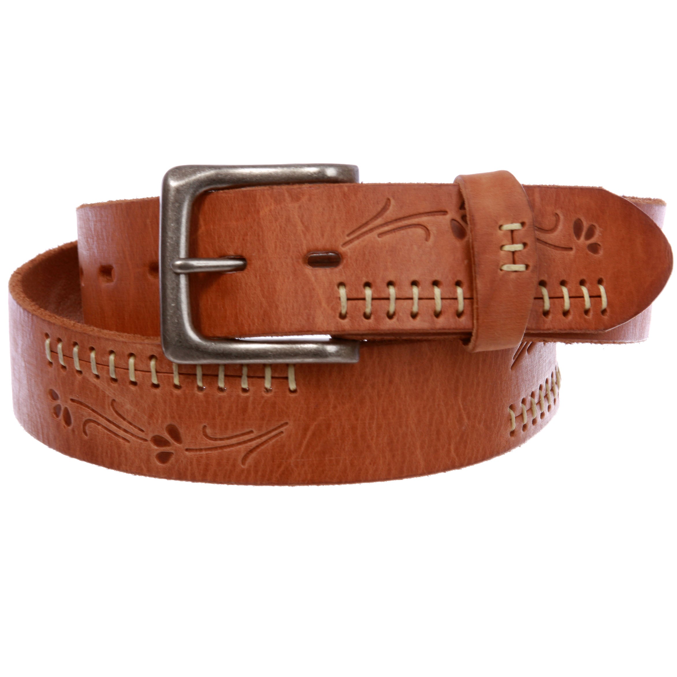 Snap On Floral Embossed Stitching Full Grain Leather Belt - OnlineBelts