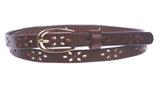 Women's 1/2" (12mm) Skinny Perforated Floral Hollow Out One Piece Cowhide Full Grain Leather Belt