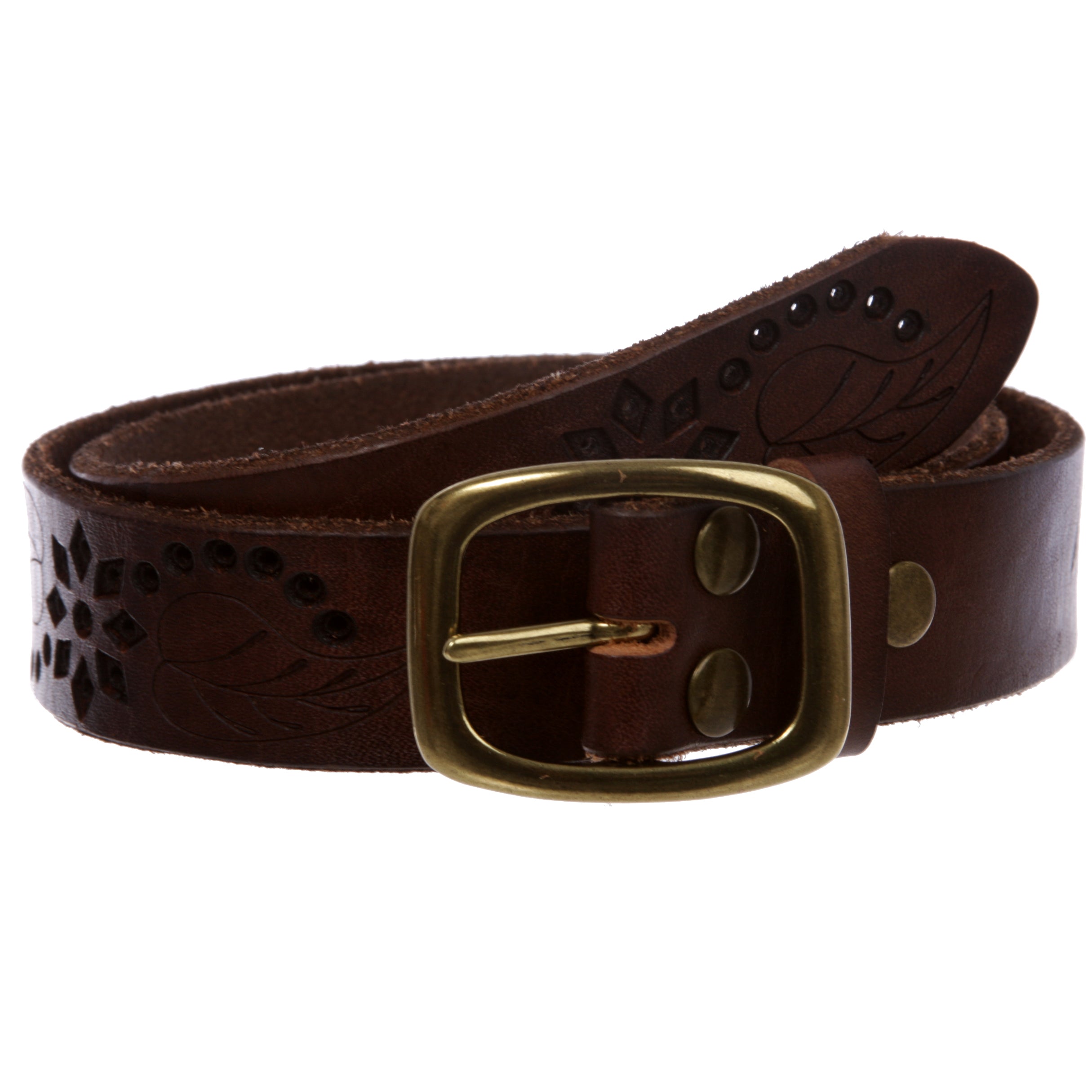 1-1/4" Perforated Oval Embossed Casual Vintage Leather Jean Belt