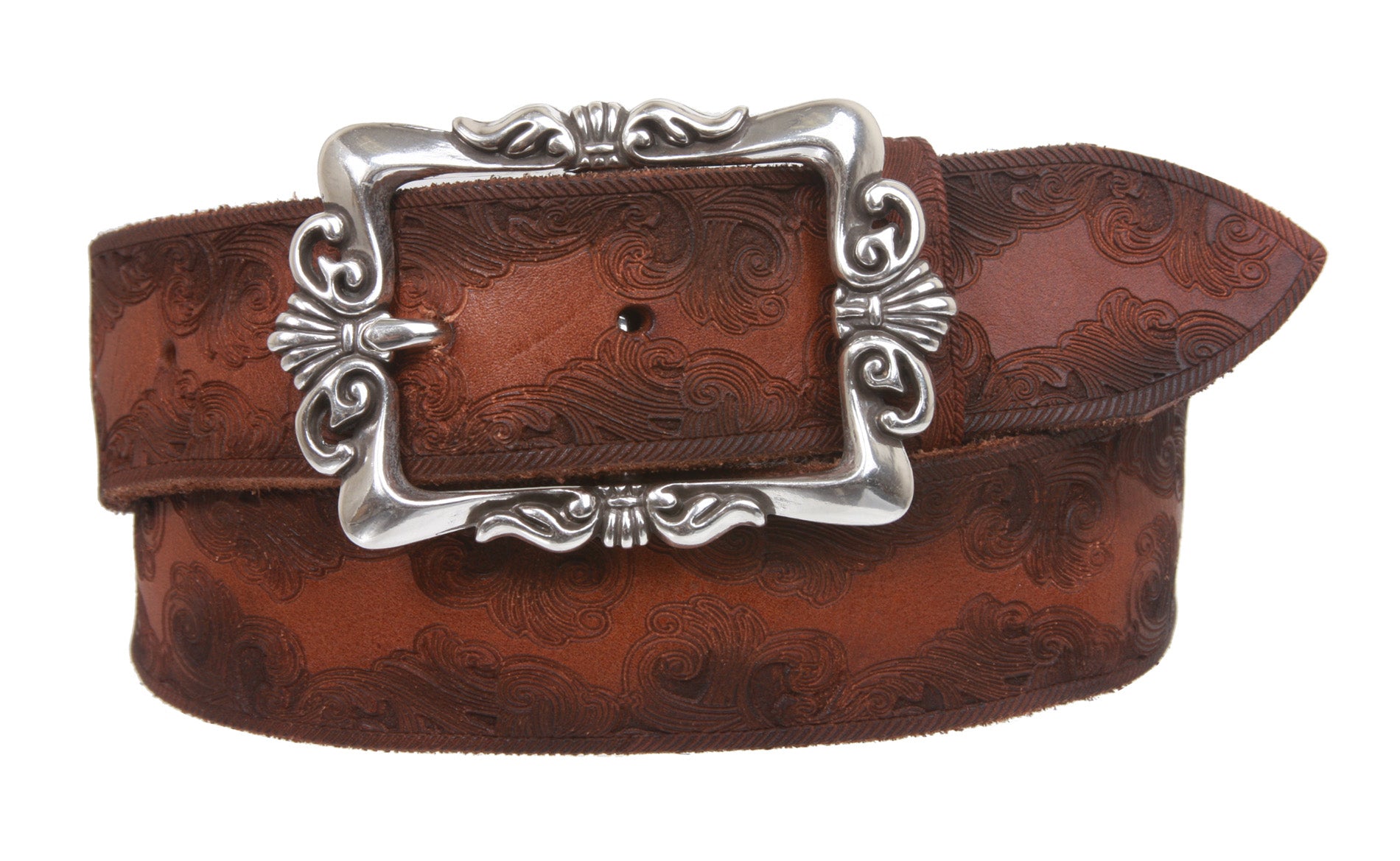 Snap On Soft Hand Floral Embossed Vintage Cowhide Full Grain Leather Casual Belt
