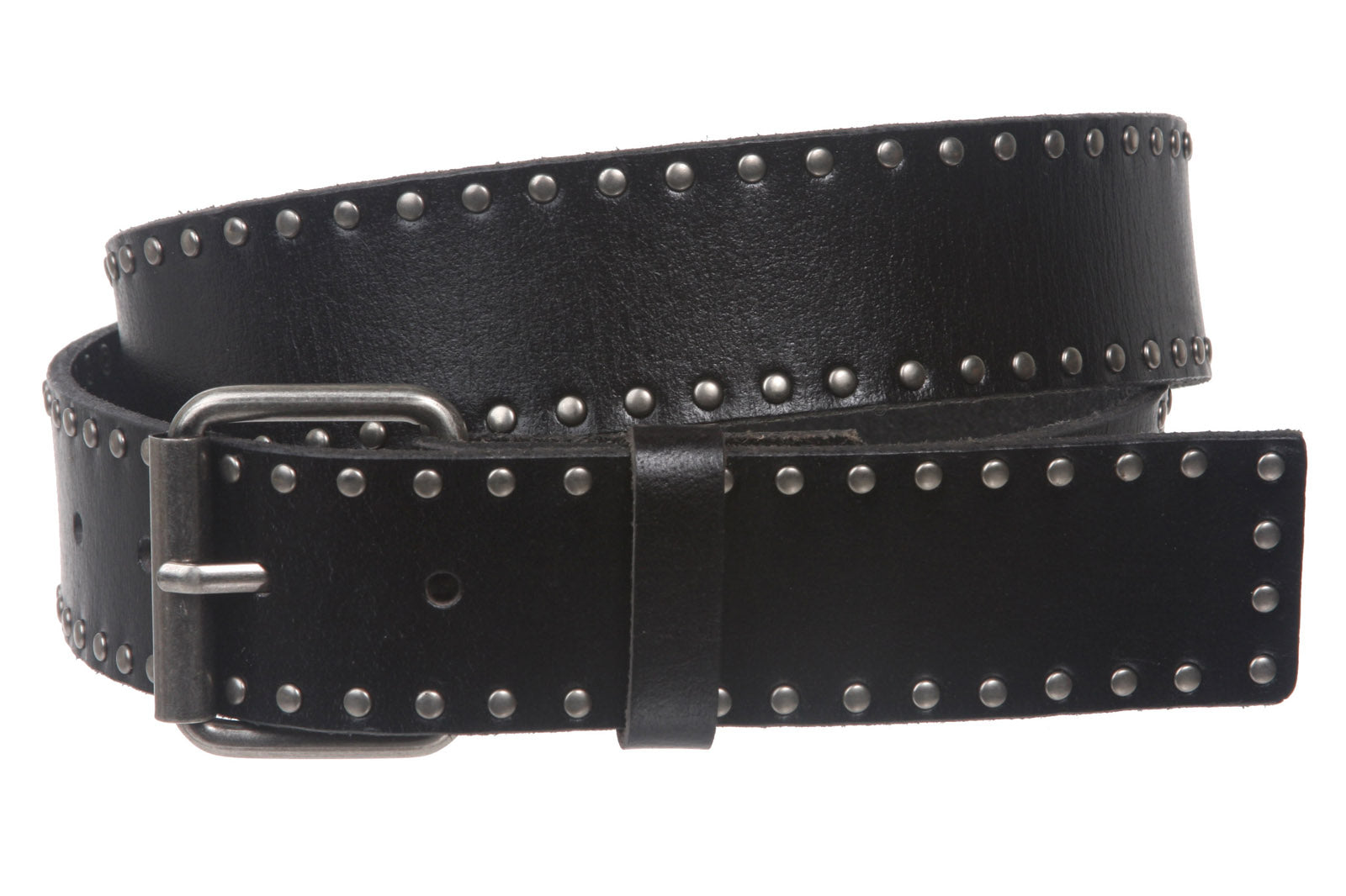 1 1/2" (38 mm) Snap On Double Row Circle Rivet Studded Square Leather Belt