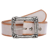Western Vintage Retro Distressed Solid Leather Belt with Curved Bone Buckle