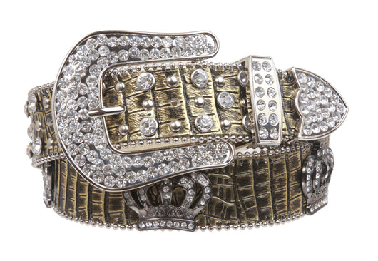 Snap On Rhinestone Crown Silver Circle Studded Genuine Leather Belt