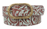 1 1/2 Inch Floral Engraving Leather Belt with oval buckle
