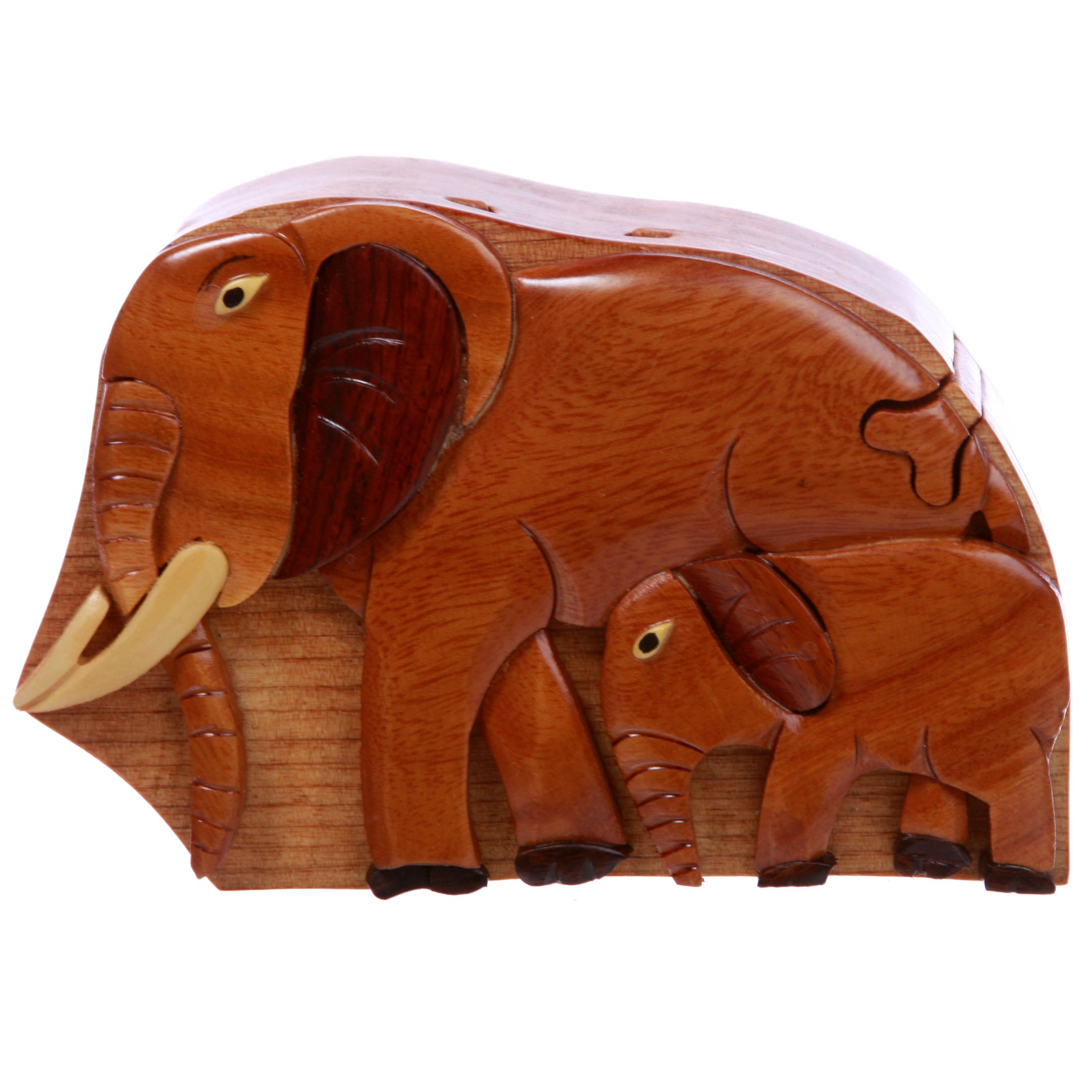 Handcrafted Wooden Animal Shape Secret Jewelry Puzzle Box - Elephants