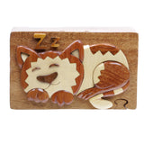 Handcrafted Wooden Rectangular Sleeping Kitty Secret Jewelry Puzzle Box - Sleeping Cat