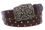 Women's Studded Western Floral Perforated Embossed Leather Belt