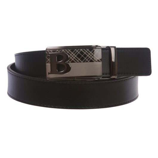 Men's Plain Leather Slide Ratchet Dress Belt with B Design Automatic Buckle