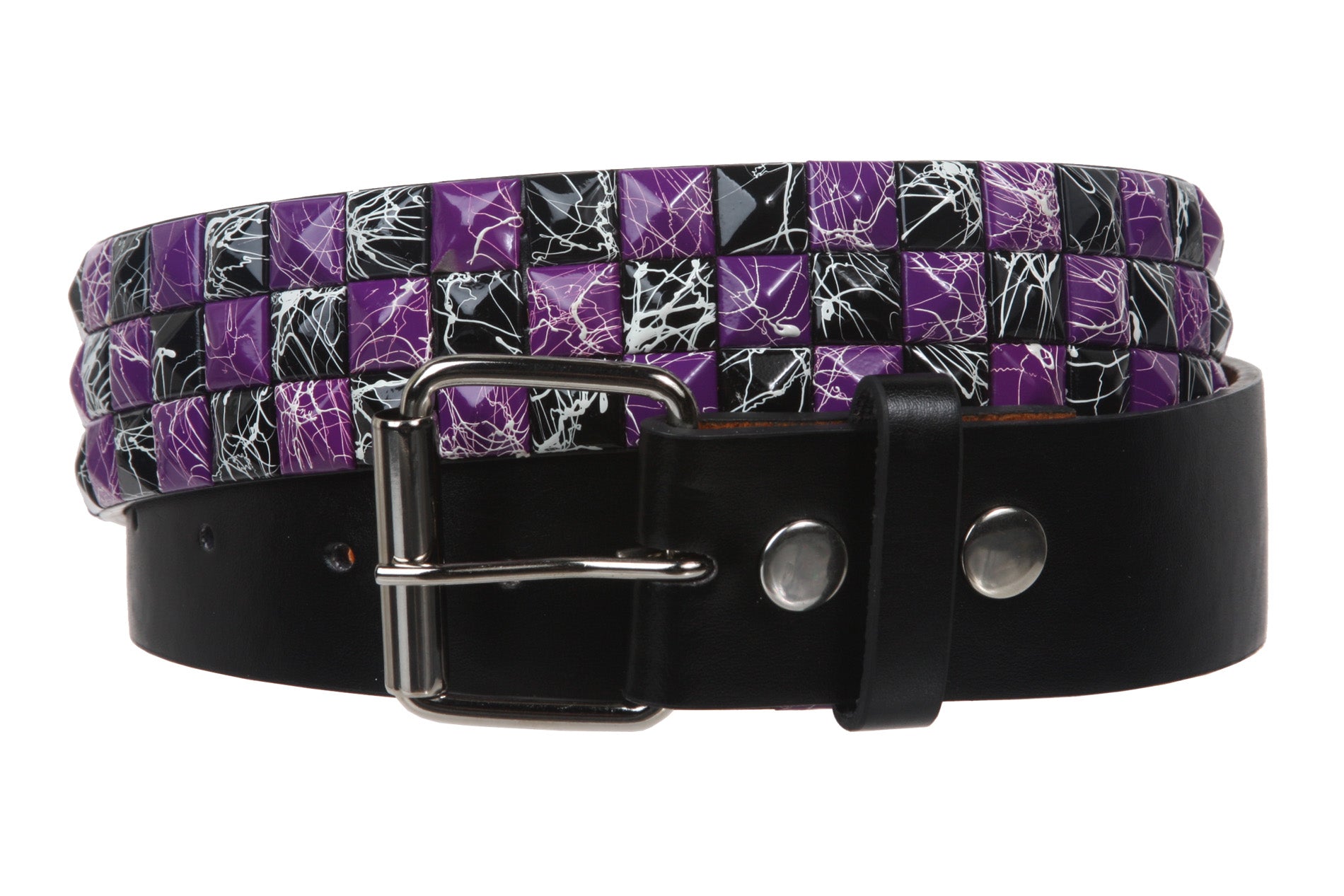 Snap On 1 1/2" Purple & Black Checkerboard Punk Rock Studded Belt