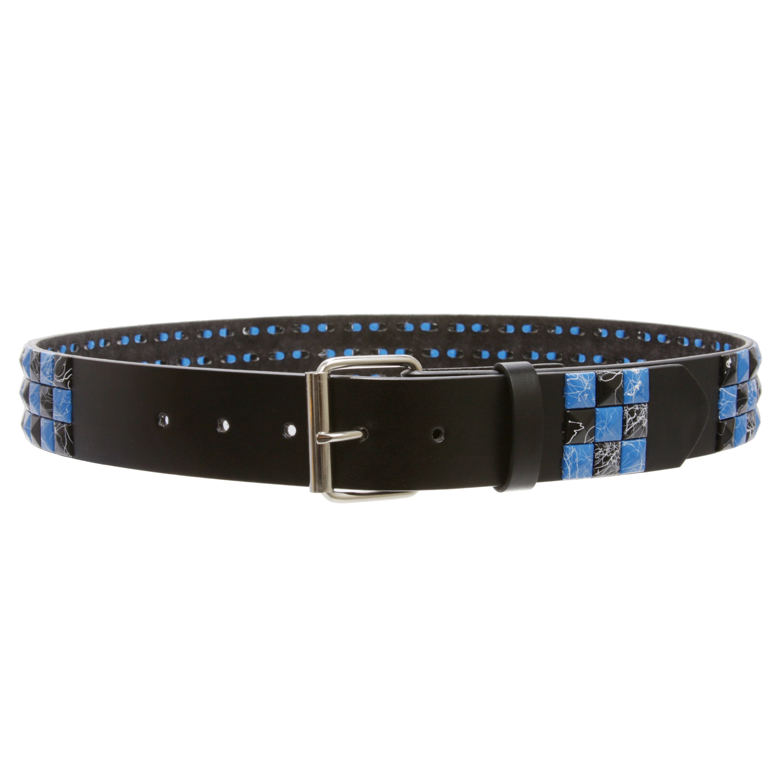 Snap On 1 1/2" Blue & Black Checkerboard Punk Rock Studded Belt
